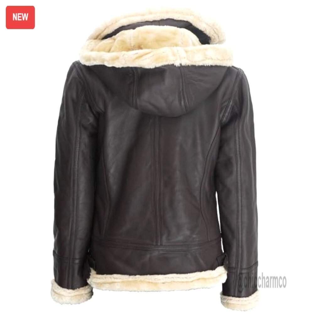 Women's Shearling Leather Jacket with Detachable Hood, Zip Closure - Picture 3 of 3